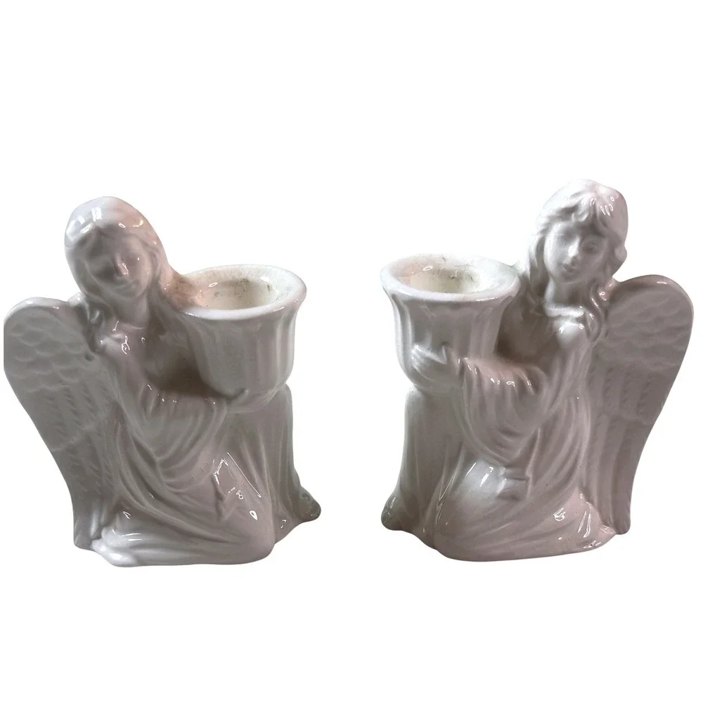 Vintage Norcrest Angel Candle Holder Set White Ceramic Mid Century Cottage Japan